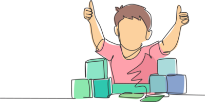 Single line drawing of young happy boy playing stack of puzzle block on table and giving thumbs up gesture in kindergarten class. Business deal continuous line draw design graphic illustration png
