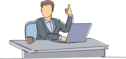 Single line drawing of young businessman sitting on chair in front of laptop and giving thumbs up gesture. Success business manager concept. Continuous line draw design graphic illustration png