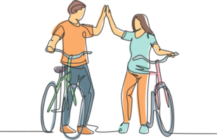 One line drawing of young happy couple male and female take a walk with bicycle at outfield park and giving high five gesture. Relationship concept continuous line draw design illustration png