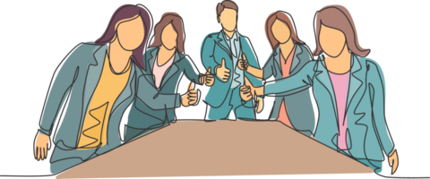 Single line drawing group of young happy businessmen and businesswoman standing up together and giving thumbs up gesture. Business meeting concept. Continuous line draw design illustration png