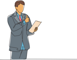 Single line drawing of business man standing up while holding a paper and giving thumbs up gesture. Business presentation concept. Continuous line draw design illustration png