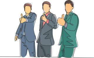 Single line drawing of young happy businessmen wearing suit giving thumbs up gesture. Business owner dealing a teamwork concept. Trendy continuous line draw design graphic illustration png