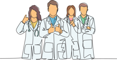 One line drawing of groups of young male and female doctors giving thumbs up gesture as service excellence symbol. Medical team work concept. Continuous line draw design illustration png