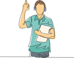 Single line drawing of young happy field project manager wearing headset and carrying clipboard while working. Field manager work life concept. Continuous line draw design illustration png