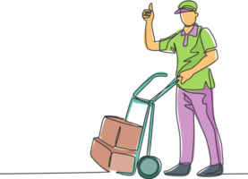 One line drawing of young delivery man gives thumbs up gesture while carrying carton box package with trolley to customer. Delivery service concept. Continuous line draw design illustration png