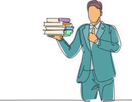 Single line drawing of young business man carrying stack of books on his hand and giving thumbs up gesture. Business education concept. Continuous line draw design graphic illustration png