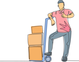 One line drawing of young delivery man gives thumbs up gesture while carrying carton box package with trolley to customer. Delivery service concept. Continuous line draw design illustration png