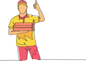 One line drawing of young happy pizza delivery man gives thumbs up gesture before deliver package to customer. Food delivery service business concept. Continuous line draw design illustration png