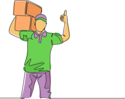 One line drawing of young happy delivery man gives thumbs up gesture while lift up carton box packages to customer. Delivery service business concept. Continuous line draw design illustration png