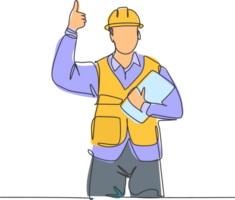 Single line drawing of young construction worker foreman carrying clipboard and giving thumbs up gesture. Building constructor concept. Continuous line draw design illustration png