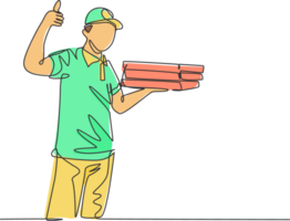 One line drawing of young happy pizza delivery man gives thumbs up gesture before deliver package to customer. Food delivery service business concept. Continuous line draw design illustration png