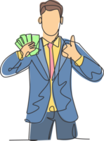 One line drawing of young happy successful businessman show money paper stack and gives thumbs up gesture. Business success concept. Continuous line draw design illustration png