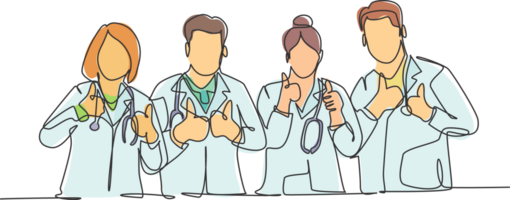 One line drawing of groups of young happy male and female doctors giving thumbs up gesture as service excellence symbol. Medical team work concept. Continuous line draw design illustration png