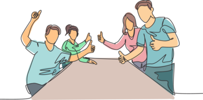 enda linje teckning grupp av ung Lycklig affärsmän och affärskvinna ger tummen upp gest tillsammans. företag möte begrepp. kontinuerlig linje grafisk dra design illustration png