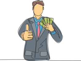 One line drawing of young happy business man holding money paper stack and gives thumbs up gesture. Business success concept. Continuous line draw design illustration png