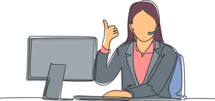 Single line drawing of young female call center worker sitting in front of computer and answering phone from customer. Customer service business concept continuous line draw design illustration png