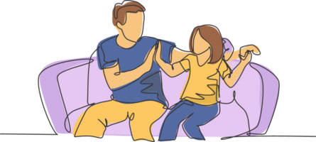 Single line drawing of father and daughter sitting on couch playing console video game together and giving high five gesture. Parenting concept continuous line draw design graphic illustration png