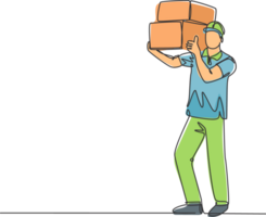 One line drawing of young happy delivery courier man gives thumbs up gesture while lift up carton box packages. Delivery service business concept. Continuous line draw design illustration png