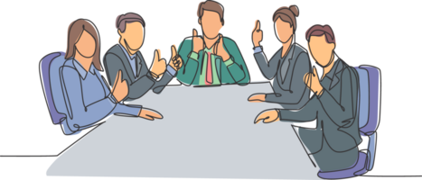 Single line drawing group of young happy businessmen and businesswomen siting on same desk together giving thumbs up gesture. Business meeting concept. Continuous line draw design illustration png
