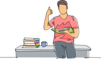 Single line drawing of young happy male college student sitting on the desk beside stack of books on libraryuniversity. Education concept. Continuous line draw design illustration png