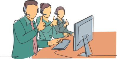 Single line drawing group of young male and female call center workers sitting in front of computer and giving thumbs up gesture. Customer service business concept continuous line draw design png