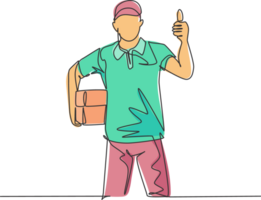 One line drawing of young happy delivery man gives thumbs up gesture while lift up and deliver carton box package to costumer. Delivery service concept. Continuous line draw design vector illustration png