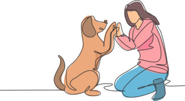 einer Linie Zeichnung von jung glücklich Frau Hocken dann geben hoch fünf Geste zu seine Hund beim Außenfeld Park wie Freundschaft Symbol. Haustier Pflege Konzept. modern kontinuierlich Linie zeichnen Design Illustration png