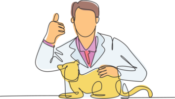 uno linea disegno di giovane contento veterinario medico posa pollici su gesto dopo trattamento malato gatto a clinica. animale domestico Salute cura concetto. continuo linea disegnare design illustrazione png