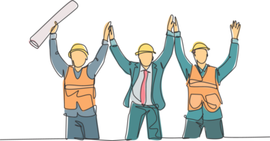 Single line drawing of construction worker and foreman celebrate their successive build the building together. Building construction concept continuous line draw design graphic illustration png