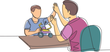 Single line drawing of of father accompany his kid playing a robot action figure model kit and gives high five gesture. Parenting concept continuous line draw design graphic illustration png