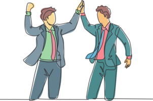 One line drawing of two young happy businessmen celebrating their successive goal with high five gesture together. Business deal concept continuous line draw design graphic illustration png