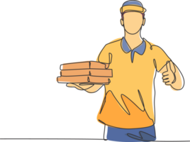 One line drawing of young pizza delivery man gives thumbs up gesture while deliver the package to customer. Food delivery service business concept. Continuous line draw design graphic png