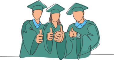 One line drawing of young happy graduate college students wearing graduation dress and giving thumbs gesture. Education graduating concept. Continuous line draw design graphic illustration png