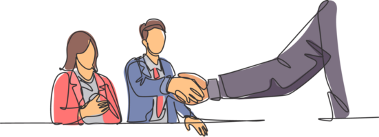 Single line drawing of business woman and businessman handshaking their business partner. Great teamwork. Business deal concept with continuous line draw style graphic illustration png