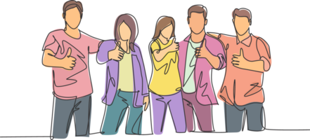 One line drawing of groups of young happy college students giving thumbs up gesture after studying together at campus library. Learn and study in university life concept. Continuous line draw design png