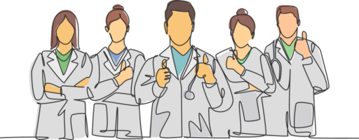 One line drawing of groups of young happy male and female doctors giving thumbs up gesture as service excellence symbol. Medical team work concept. Continuous line draw design illustration png