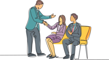 One line drawing of company manager meet and handshaking employee candidates while sitting on chair to take job interview. Modern continuous line draw design graphic illustration png