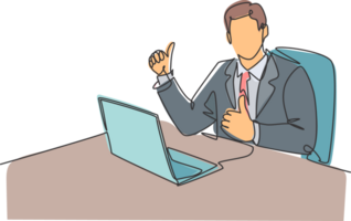 One line drawing of young business man giving thumbs up gesture and sitting on office chair and open the laptop to start working. Business management concept. Continuous line draw design vector png