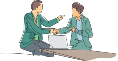 Continuous line drawing of business men handshake his colleague to deal a project. Business meeting at office concept. Single line drawing design, graphic illustration png