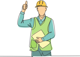 One line drawing of foreman handyman wearing helmet and carrying clipboard giving thumbs up gesture. Home maintenance service concept. Continuous line draw design graphic illustration png