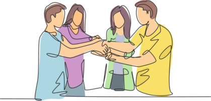 Continuous line drawing of young business group holding hand together as a great team. Business teamwork concept. Single line drawing design, graphic illustration png