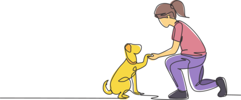 einer Linie Zeichnung von jung glücklich Mädchen Händeschütteln ihr süß Hund. Freundschaft Über Mensch und Haustier Tier Konzept. modisch kontinuierlich Linie Zeichnung Grafik Illustration png