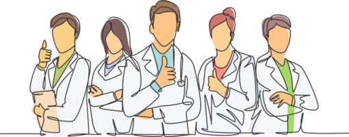 One line drawing of groups of young happy doctors giving thumbs up gesture for best healthcare service in hospital. Medical team work concept. Continuous line graphic draw design illustration png