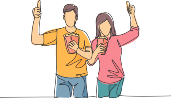 One line drawing of young happy couple giving thumbs up gesture and holding popcorn ready to watch the movie on theater. Entertainment concept. Continuous line graphic draw design illustration png