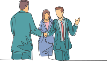 Continuous line drawing of business man handshake his colleague to deal a project. Business meeting concept. Single line drawing, design illustration png