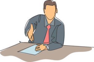 Continuous line drawing of young business man make handshake gesture to his colleague at office. Business meeting concept. Single line drawing design, graphic illustration png