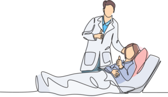 un ligne dessin de Jeune content médecin visite patient qui sont mensonge faible sur le lit et donnant les pouces en haut geste. médical soins de santé un service concept. continu ligne dessiner conception illustration png