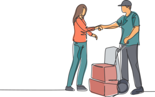 Continuous line drawing of courier delivery man handshaking the customer and hand over a package box. Delivery service excellent concept. One line drawing illustration png