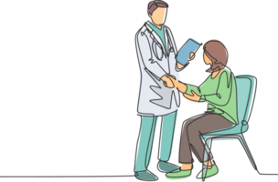 One line drawing of young doctor handshake the patient in hospital to ask her condition. Medical checkup concept. Continuous line drawing illustration png