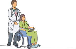 un ligne dessin de Jeune médecin visite et poignée de main le vieux patient avec fauteuil roulant dans hôpital. soins de santé concept. continu ligne dessin illustration png